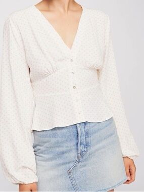 Papermoon Ivory Dot V-Neck Button Peplum Blouse